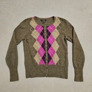Apt 9 Women's 100% Cashmere Argyle Cardigan Sweater Purple Gray Medium preppy